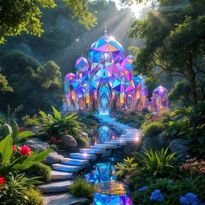 The primary subject of the image is a colorful, illuminated building with a glass-like structure, surrounded by a lush green forest. The building appears to be a palace or a temple, with a unique and vibrant design. The setting is a serene, natural environment with trees and water, creating a peaceful and enchanting atmosphere. The visual style of the image is a combination of photo and digital art, giving it a surreal and fantastical appearance. The dominant colors in the image are green, blue
